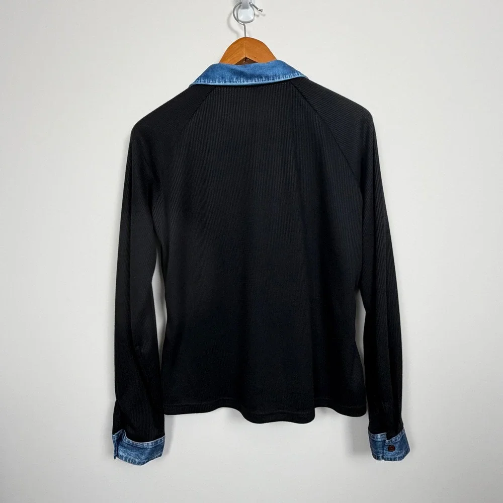 Unbranded Henley Top Women L Black Ribbed Denim Collar Long Sleeve Mixed Media